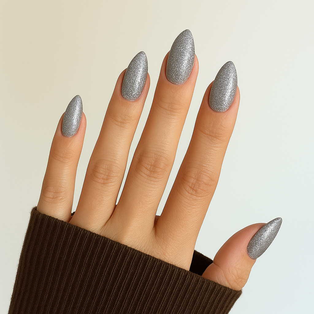Mellangrå – Elegant mellangrå nyans med intensivt silverglitter / polygel på modellhand – Salongskvalitet UV/LED-polygel – Mandel-formade naglar