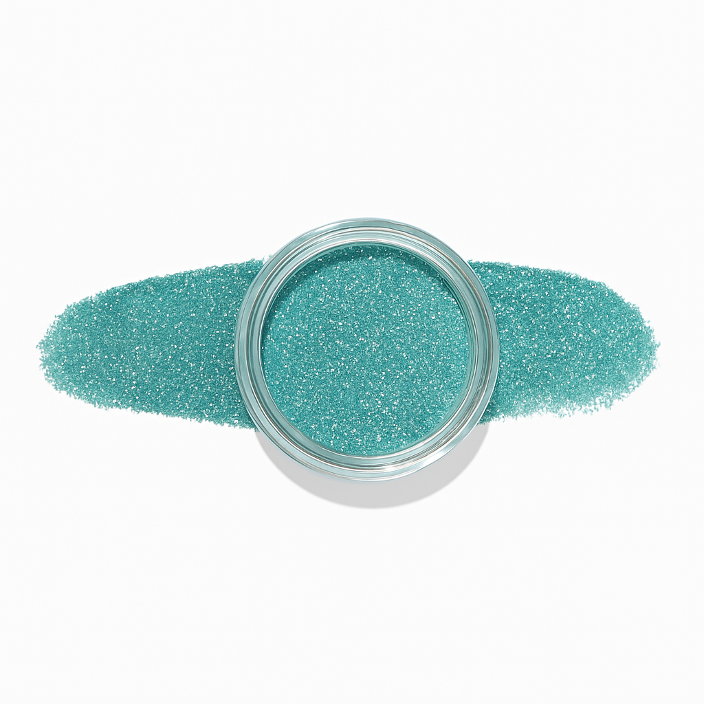 Akvamarin-Turkos – Mermaid – En glittrande akvamarin turkos nyans som reflekterar ljuset i silvriga, gula, blåa och gröna toner / dipping-pulver-powder-akryl-pulver – Högpigmenterat material för salonger – Nagelfärgvisning (nail swatch)