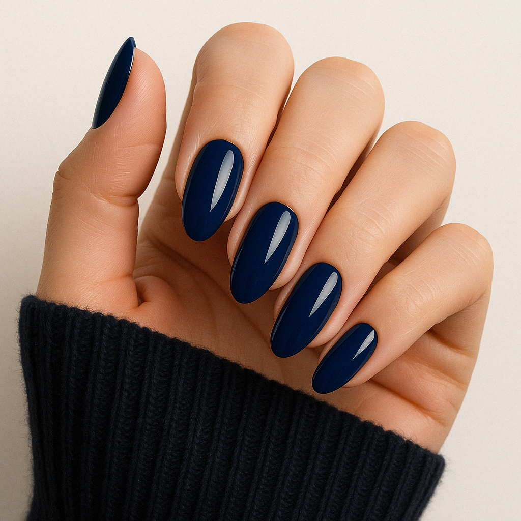 Midnight Blue – Midnattsblå / djup blå gellack / gel polish på modellhand – Salongskvalitet UV/LED-nagellack – Mandel-formade naglar