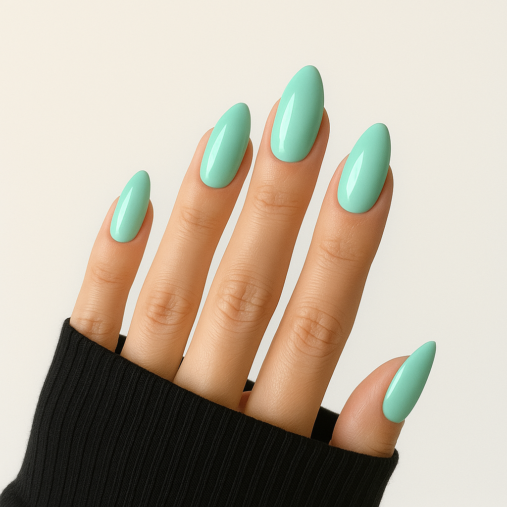 Mintgrön – Mjuk mintgrön nyans som ger en fräsch och lugnande känsla / polygel på modellhand – Salongskvalitet UV/LED-polygel – Mandel-formade naglar
