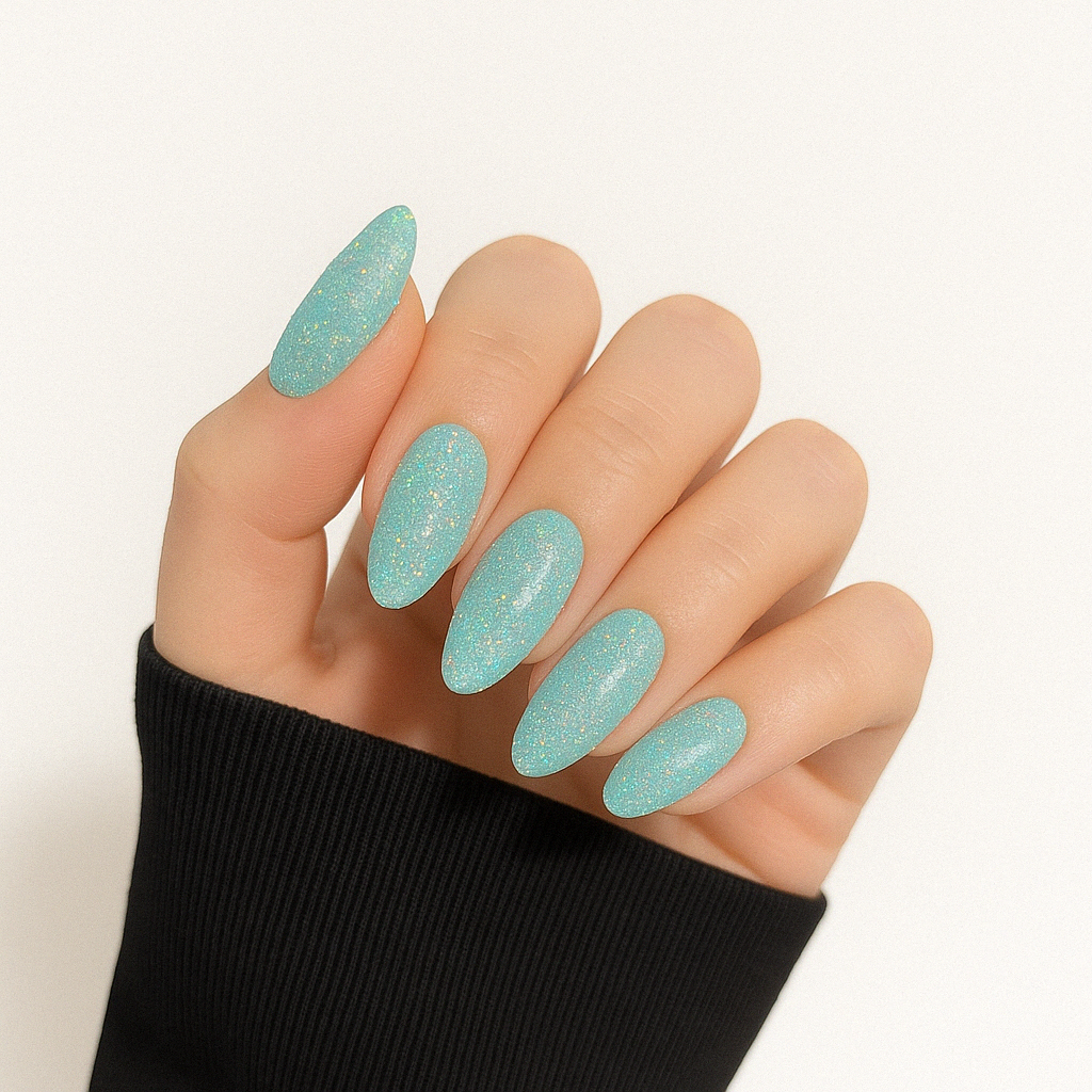 Mira Blue – Babyblå med glitter och hint av regnbågsskimmer / glittrigt gellack / gel polish på modellhand – Salongskvalitet UV/LED-nagellack – Mandel-formade naglar