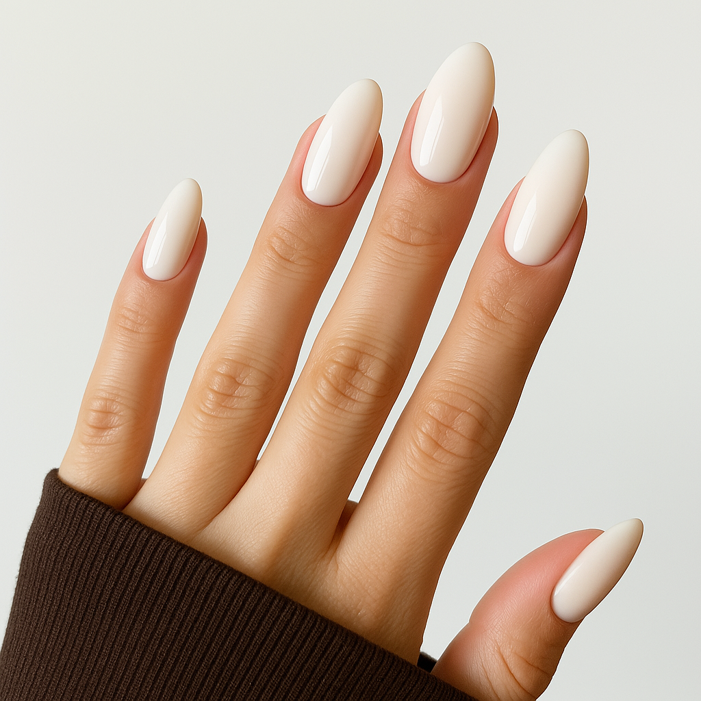 Mjölkvit – Mjuk, mjölkvit nyans med silkeslen glans / polygel på modellhand – Salongskvalitet UV/LED-polygel – Mandel-formade naglar