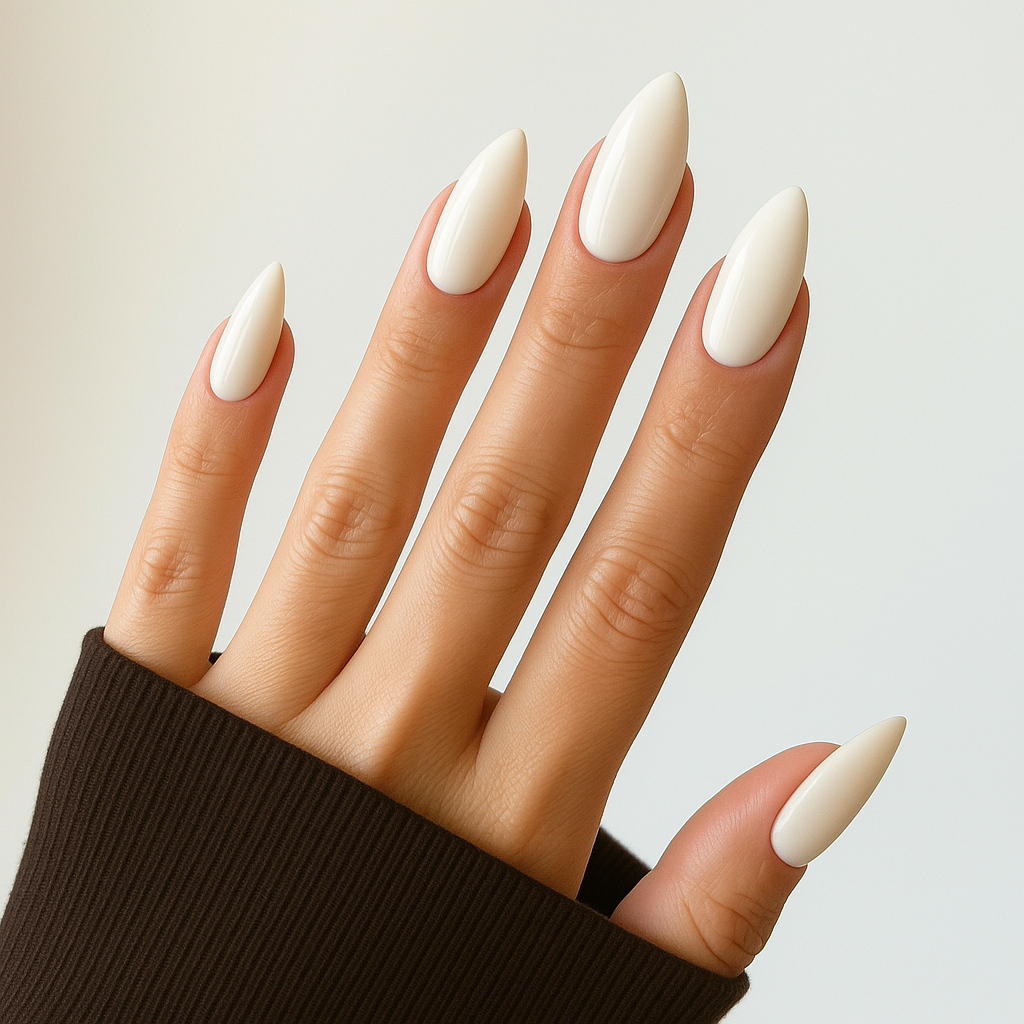 Benvit – Mjuk, benvit nyans med lätt glans / polygel på modellhand – Salongskvalitet UV/LED-polygel – Mandel-formade naglar