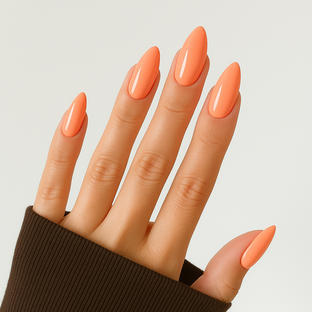 Persikoorange – Mjuk persikoorange nyans med blank finish / polygel på modellhand – Salongskvalitet UV/LED-polygel – Mandel-formade naglar