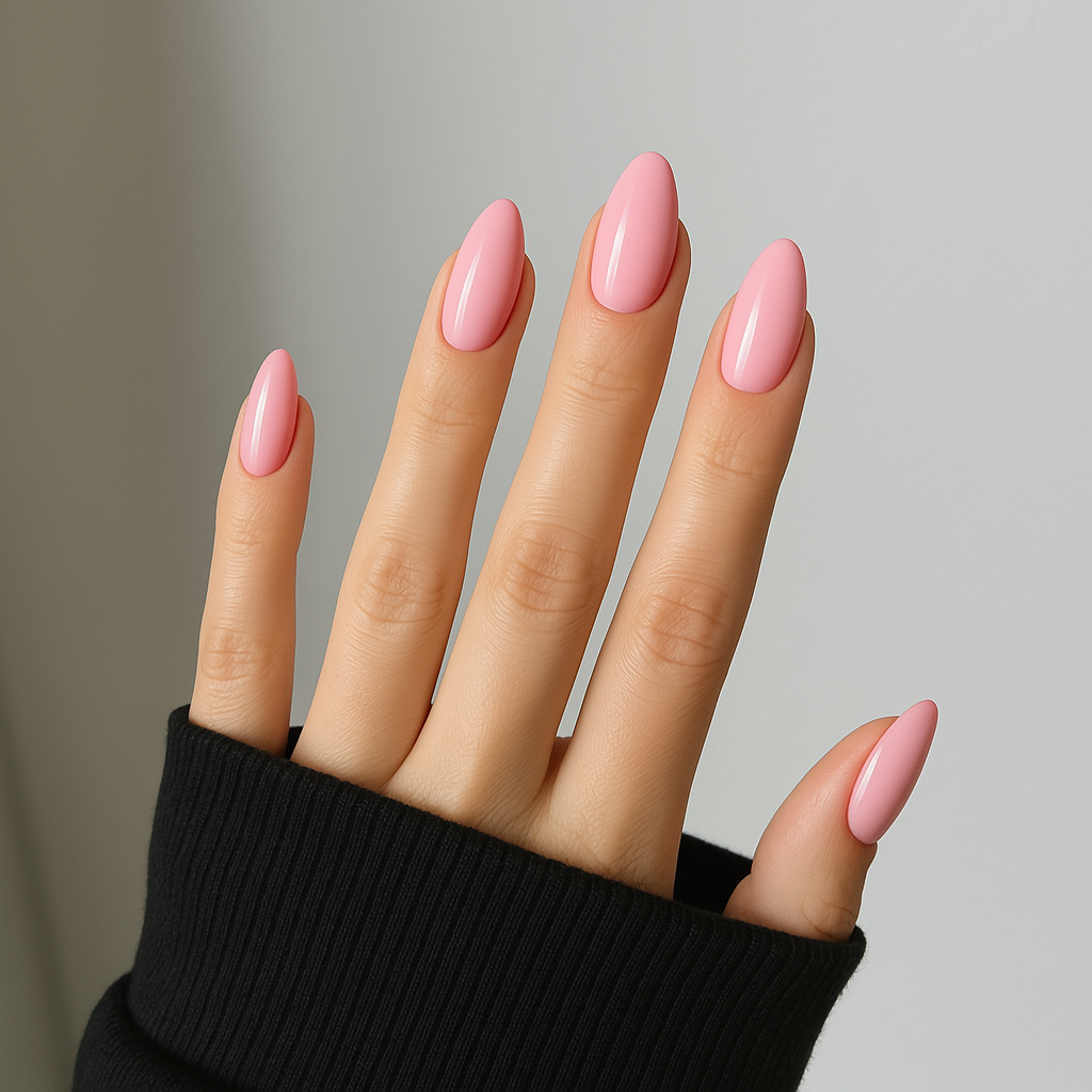 Rosaton – Mjuk och varm rosaton med en hint av aprikos / polygel på modellhand – Salongskvalitet UV/LED-polygel – Mandel-formade naglar