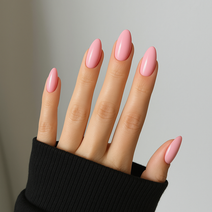 Rosaton – Mjuk och varm rosaton med en hint av aprikos / polygel på modellhand – Salongskvalitet UV/LED-polygel – Mandel-formade naglar
