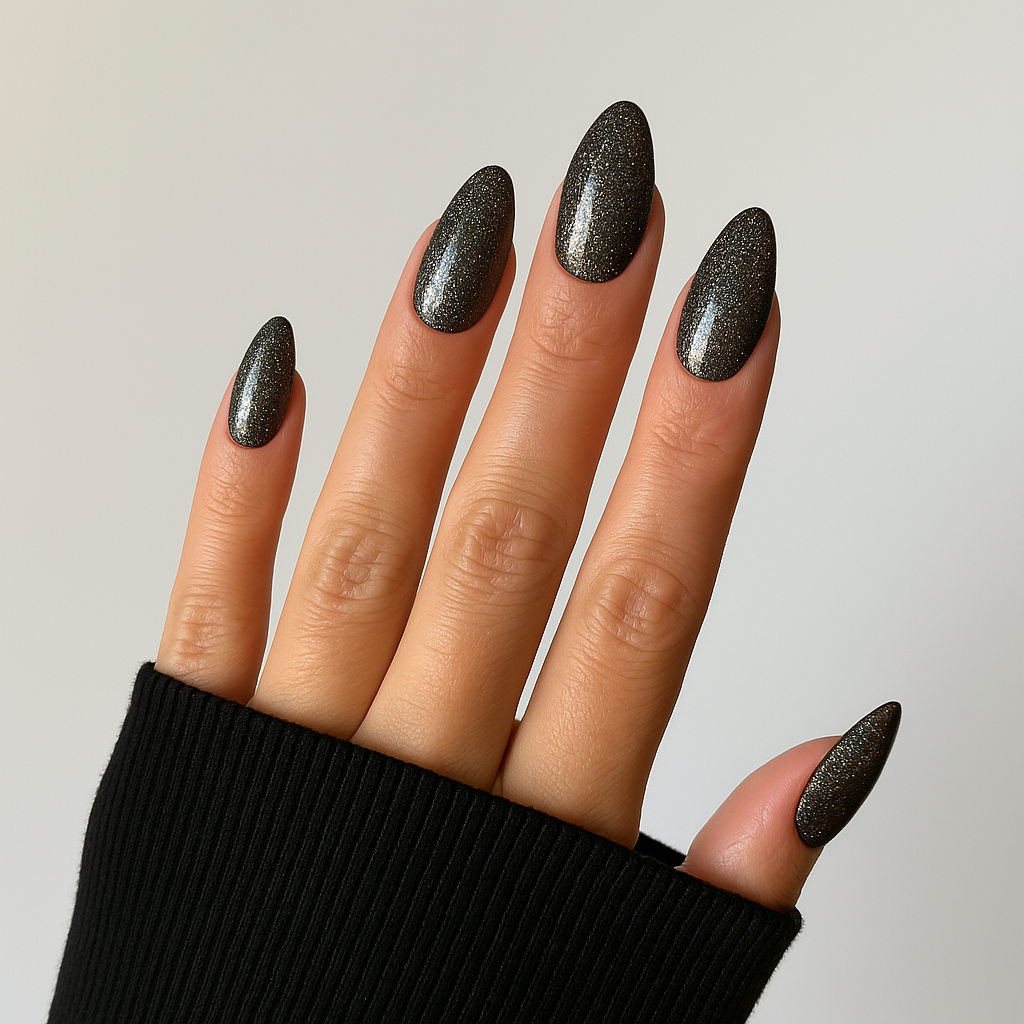 Mörk kolgrå – Skimrande kolgrå nyans med subtilt blått glitter / polygel på modellhand – Salongskvalitet UV/LED-polygel – Mandel-formade naglar