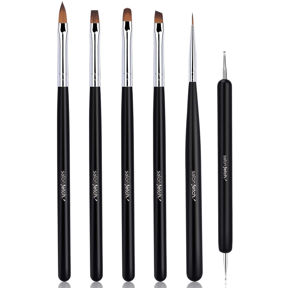 Nagelkonstpenslar Set – 6 delar: Rund, Oval, Flat, Sned, Detaljpensel och Dotting Tool. Perfekt för linjer, marmorering, prickar och kreativa nageldesigner. Ett komplett kit för professionella salonger i Sverige.
