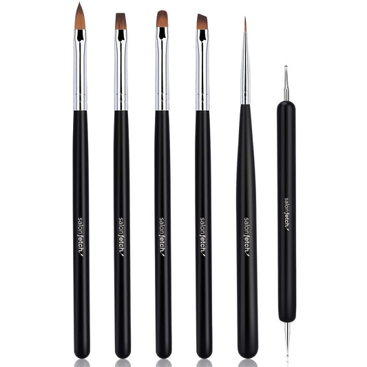 Nagelkonstpenslar Set – 6 delar: Rund, Oval, Flat, Sned, Detaljpensel och Dotting Tool. Perfekt för linjer, marmorering, prickar och kreativa nageldesigner. Ett komplett kit för professionella salonger i Sverige.