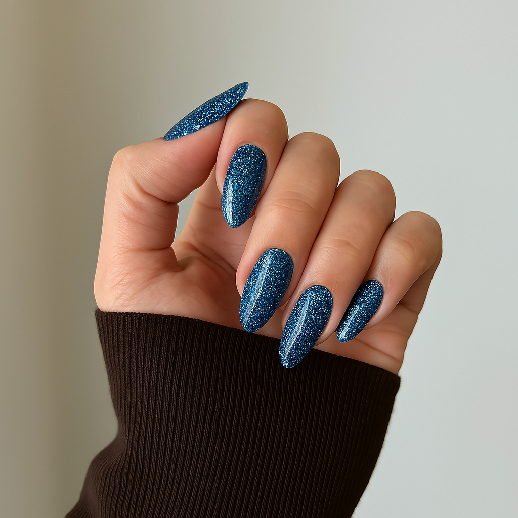 Navy Glitter – Mörkblå gellack / gel polish med glitter på modellhand – Salongskvalitet UV/LED-nagellack – Mandel-formade naglar