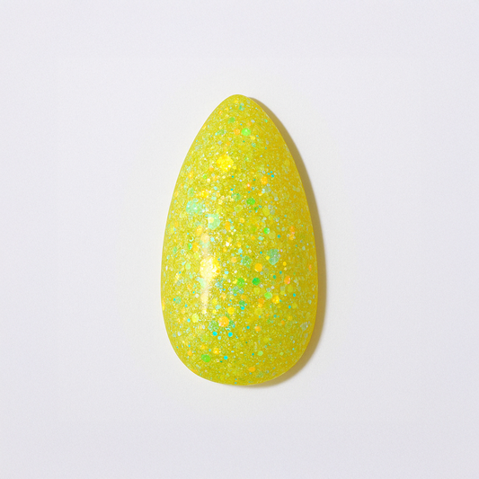 Neongul – Lekfull och lysande neongul nyans med holografiskt glitter / polygel – Högpigmenterat UV/LED-material för salonger – Nagelfärgvisning (nail swatch)