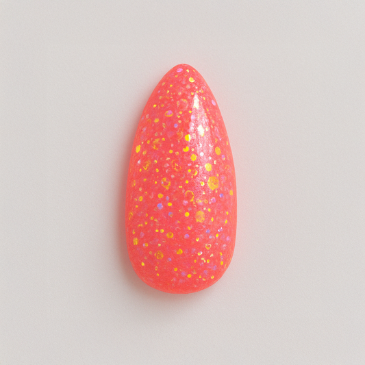 Neonkorall – Livlig neonkorall nyans med gnistrande hologlitter / polygel – Högpigmenterat UV/LED-material för salonger – Nagelfärgvisning (nail swatch)