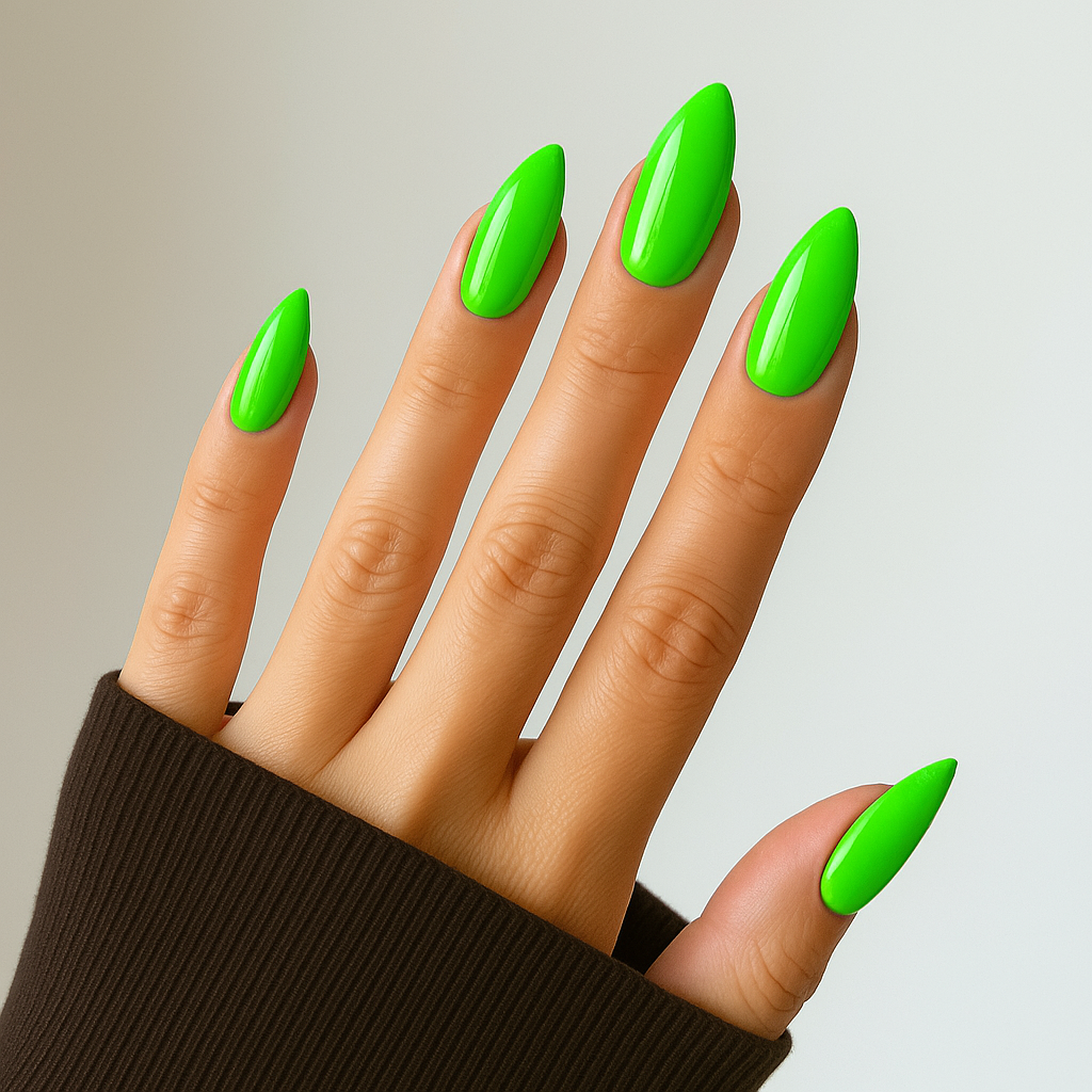Neonlime – Kraftfull neonlime nyans / polygel på modellhand – Salongskvalitet UV/LED-polygel – Mandel-formade naglar