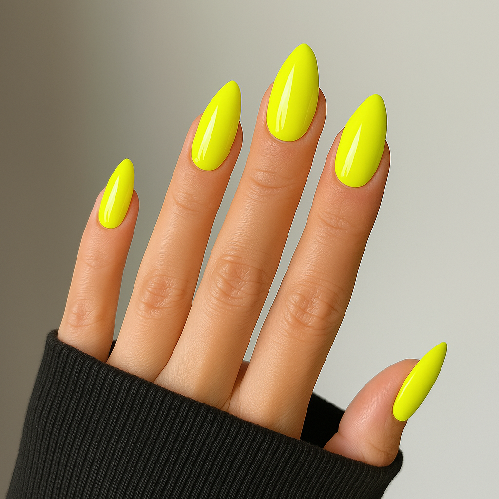 Neonljus gul – Kraftfull och elektrisk gul nyans / polygel på modellhand – Salongskvalitet UV/LED-polygel – Mandel-formade naglar