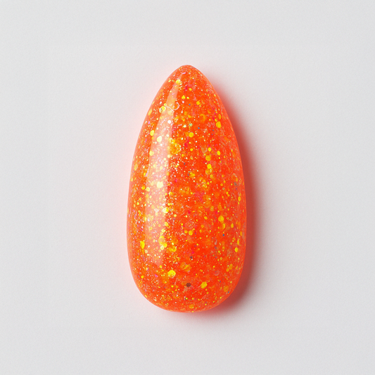 Neonorange – Livlig neonorange nyans med sprakande glitter i gult och rött / polygel – Högpigmenterat UV/LED-material för salonger – Nagelfärgvisning (nail swatch)