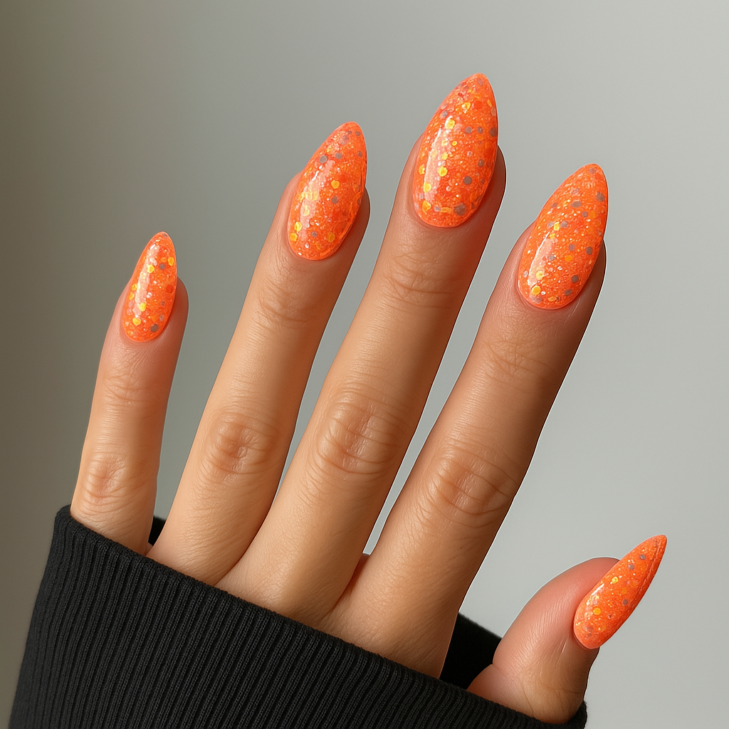 Neonorange – Livlig neonorange nyans med sprakande glitter i gult och rött / polygel på modellhand – Salongskvalitet UV/LED-polygel – Mandel-formade naglar