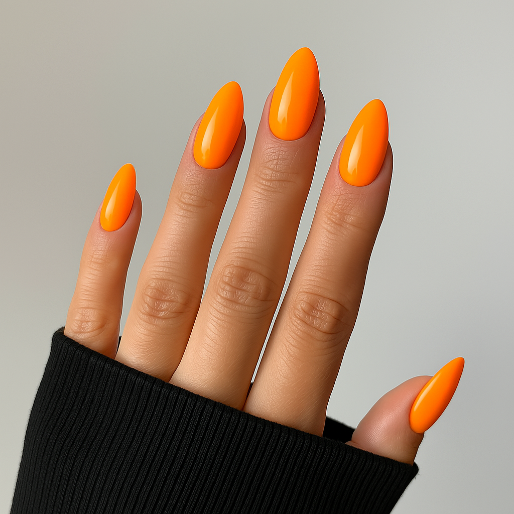 Neonorange – Stark och lysande neonorange nyans med hög glans / polygel på modellhand – Salongskvalitet UV/LED-polygel – Mandel-formade naglar