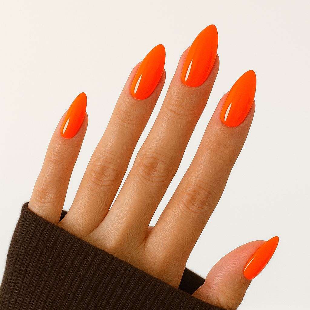 Neonorange – Intensivt neonorange med glansig finish / polygel på modellhand – Salongskvalitet UV/LED-polygel – Mandel-formade naglar