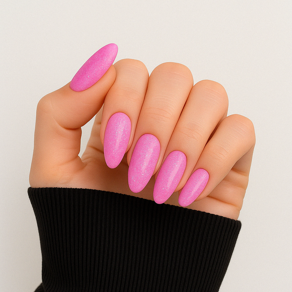 Neonrosa – Neonrosa nyans fylld med fint glitter / polygel på modellhand – Salongskvalitet UV/LED-polygel – Mandel-formade naglar