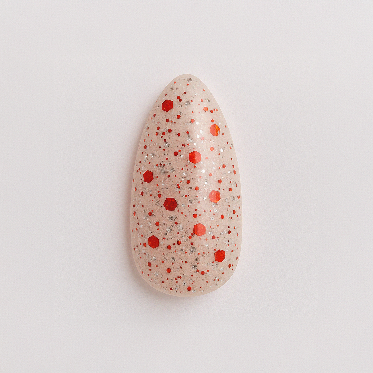 Nude-bas med livliga röda och silvriga glitterprickar / polygel – Högpigmenterat UV/LED-material för salonger – Nagelfärgvisning (nail swatch)