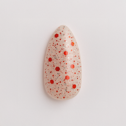 Nude-bas med livliga röda och silvriga glitterprickar / polygel – Högpigmenterat UV/LED-material för salonger – Nagelfärgvisning (nail swatch)