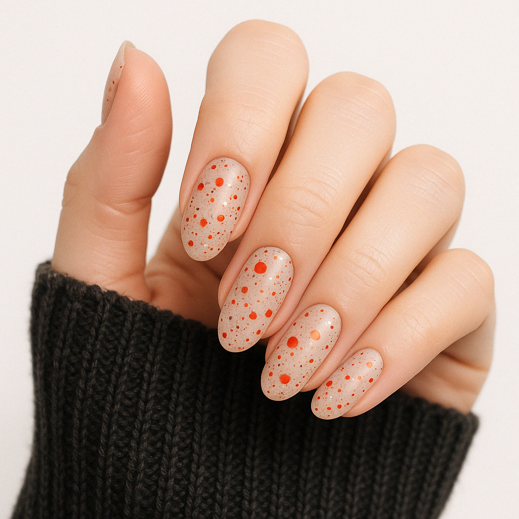 Nude-bas med livliga röda och silvriga glitterprickar / polygel på modellhand – Salongskvalitet UV/LED-polygel – Mandel-formade naglar