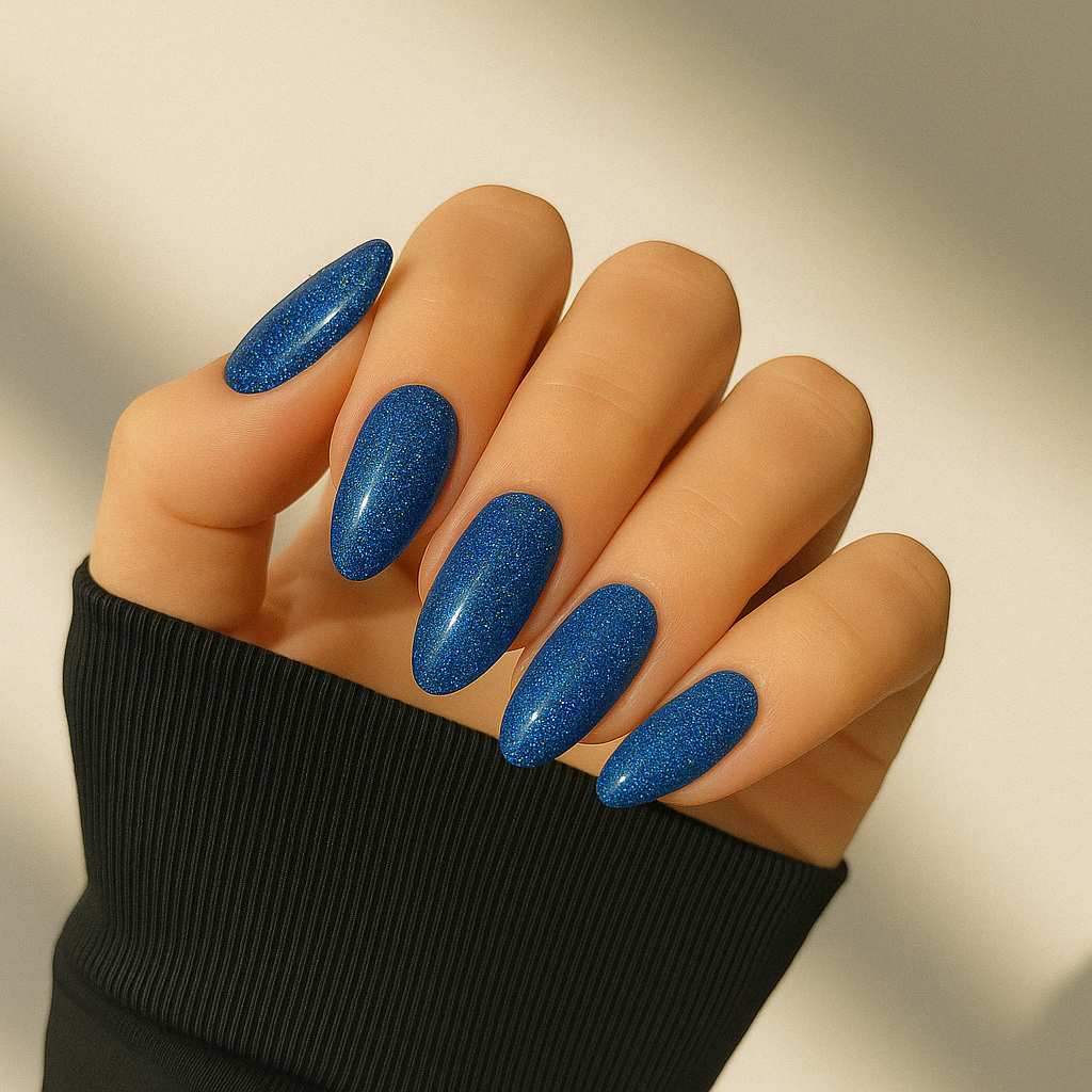 Oceanite – Djupblått med glitter / glittrigt gellack / gel polish på modellhand – Salongskvalitet UV/LED-nagellack – Mandel-formade naglar