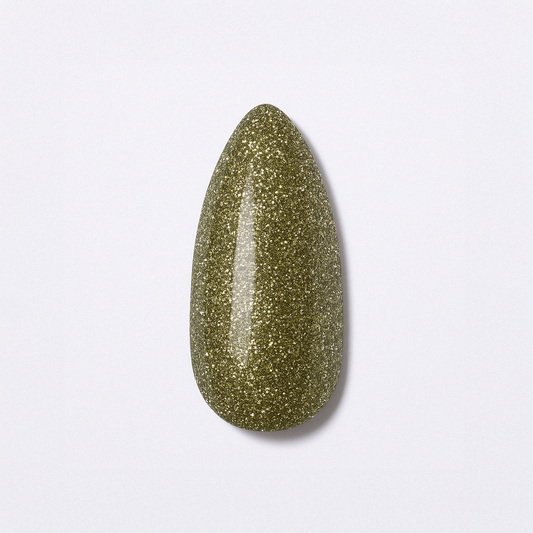 Olivgrön – Olivgrön nyans med intensivt glitter och metallisk glans / polygel – Högpigmenterat UV/LED-material för salonger – Nagelfärgvisning (nail swatch)