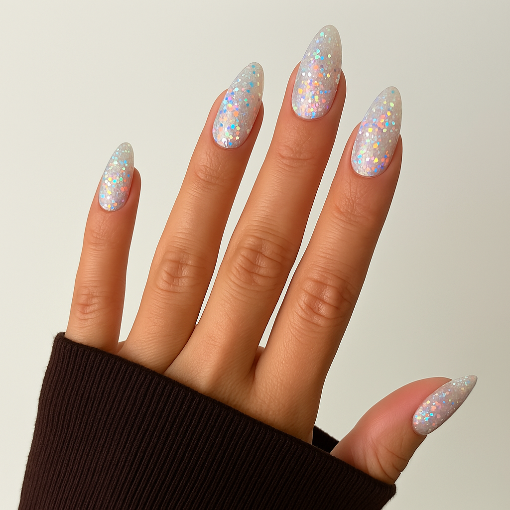 Pearlypop – Pärlglittrande / pärlemorskimrande gellack / gel polish på modellhand – Salongskvalitet UV/LED-nagellack – Mandel-formade naglar
