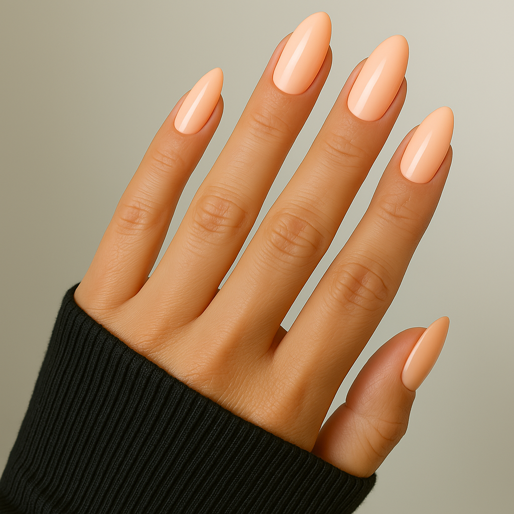 Persikorosa – Varm persikorosa nyans med silkeslen glans / polygel på modellhand – Salongskvalitet UV/LED-polygel – Mandel-formade naglar