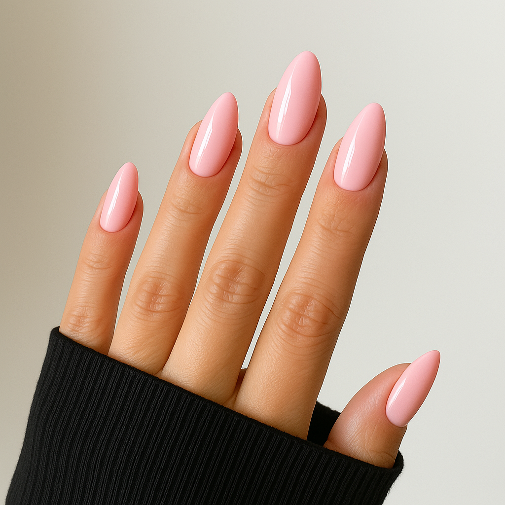 Babyrosa – Petal – Mjuk babyrosa nyans på modellhand som ger en subtil och ljus touch, perfekt för en minimalistisk look / dipping-pulver-powder-akryl-pulver – Salongskvalitet material – Mandel-formade naglar