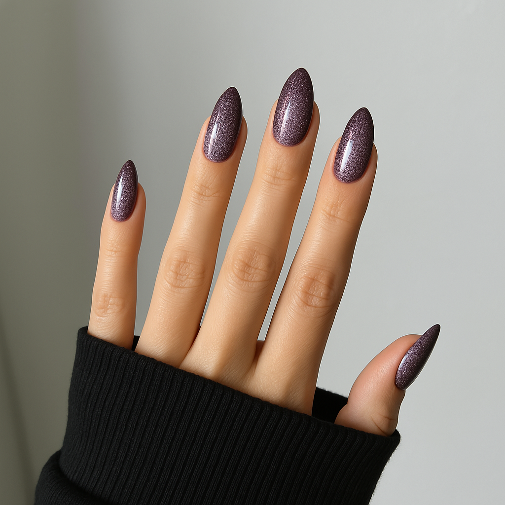 Plommonbrun – Djupt plommonbrun nyans med subtilt skimmer / polygel på modellhand – Salongskvalitet UV/LED-polygel – Mandel-formade naglar