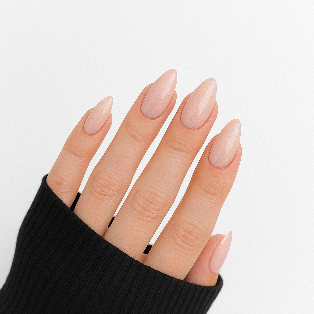 Pure – Semitransparent neutral med fint glitter / glittrigt gellack / gel polish på modellhand – Salongskvalitet UV/LED-nagellack – Mandel-formade naglar