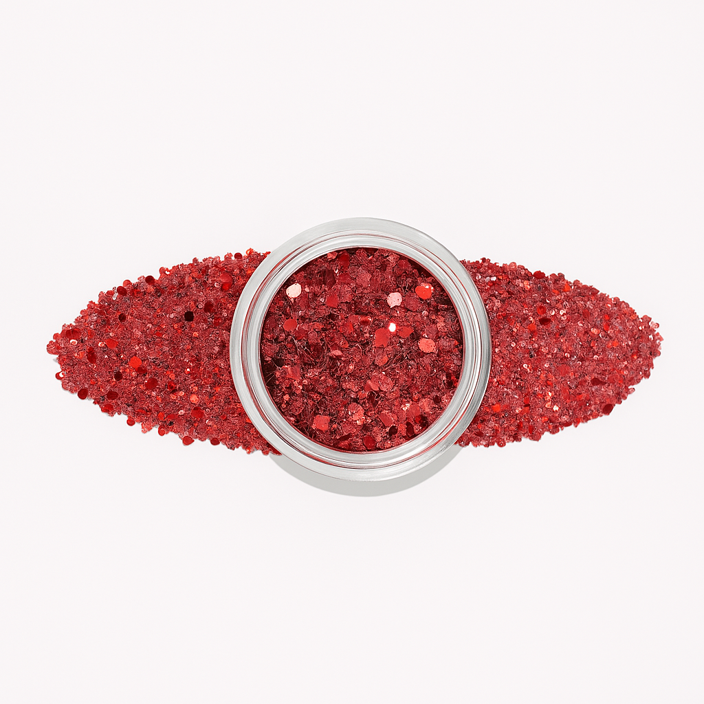 Röd – Rött glitterpulver med festliga glitterinslag / dipping-pulver-powder-akryl-pulver – Perfekt för gnistrande och lysande julnageldesigner – Högpigmenterat material för salonger – Nagelfärgvisning (nail swatch)