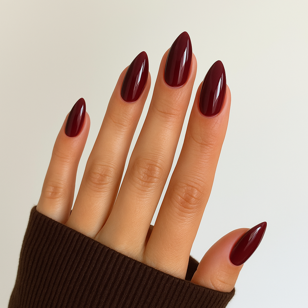 Röd – Ruby – Djup, rik röd nyans som ger naglarna en elegant touch / dipping-pulver-powder-akryl-pulver på modellhand – Salongskvalitet material – Mandel-formade naglar