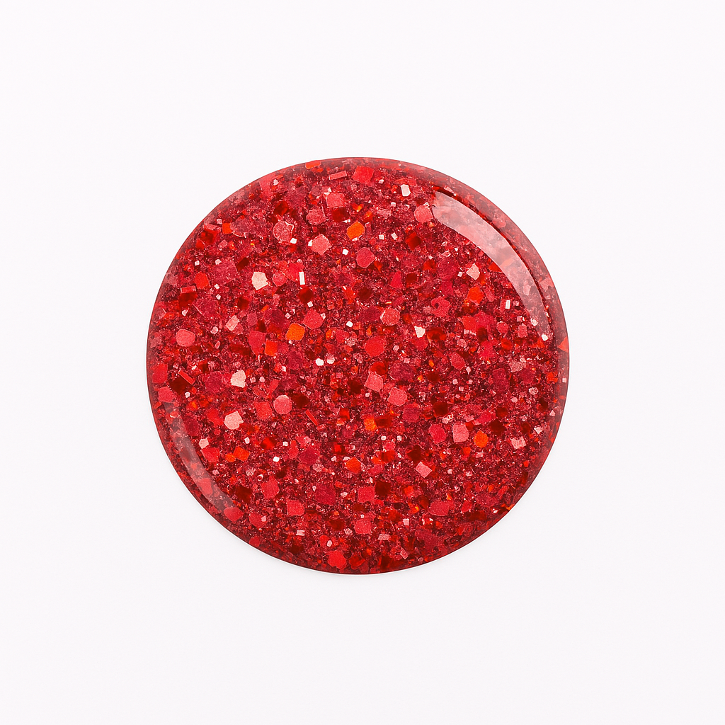 Ruby Red Glitter – Djupröd glitter / glittrigt rött gellack / gel polish – Högpigmenterat UV/LED-färg för salonger – Färgdroppe