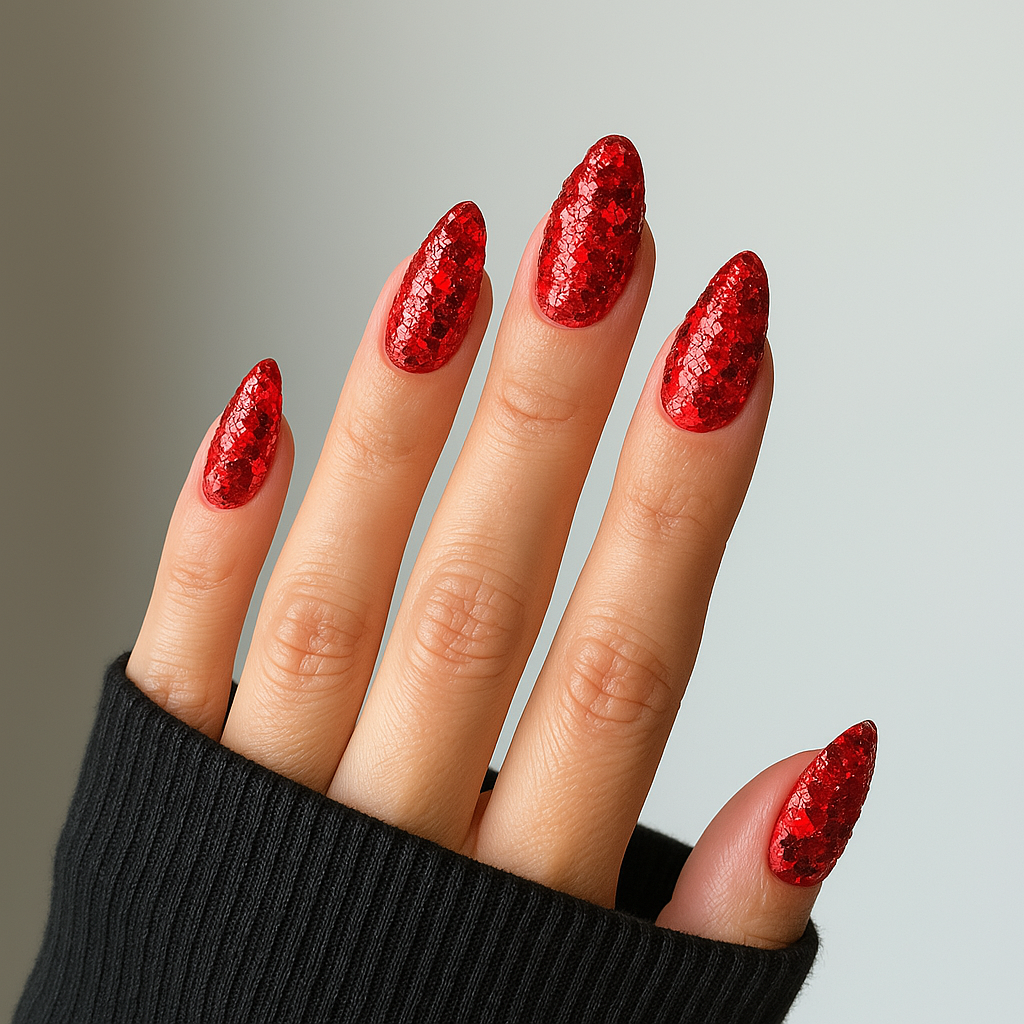 Ruby Red Glitter – Djupröd glitter / glittrigt rött gellack / gel polish på modellhand – Salongskvalitet UV/LED-nagellack – Mandel-formade naglar