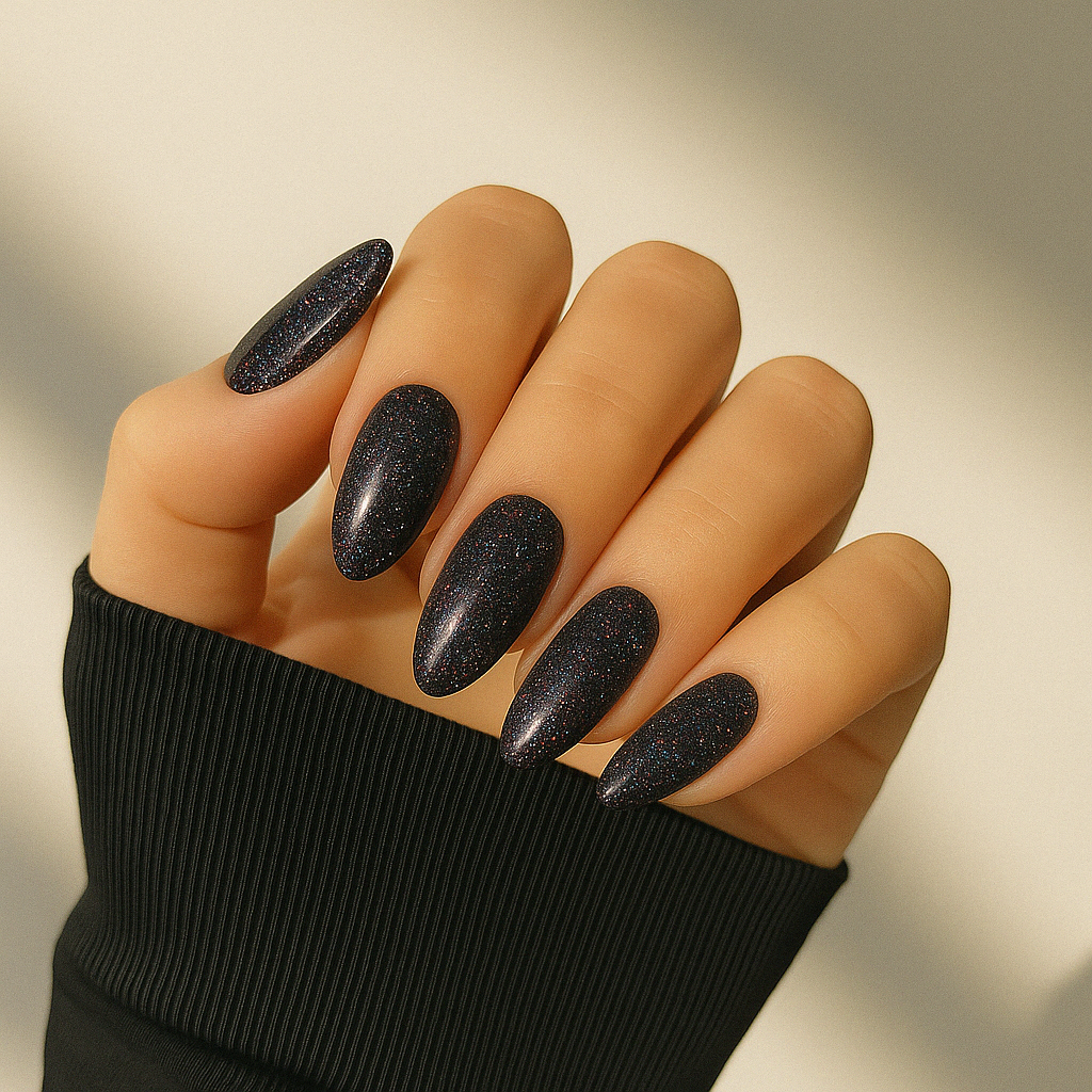 Shift – Svart bas med skimrande röd- och guldfärgade glitterpartiklar / glittrigt gellack / gel polish på modellhand – Salongskvalitet UV/LED-nagellack – Mandel-formade naglar
