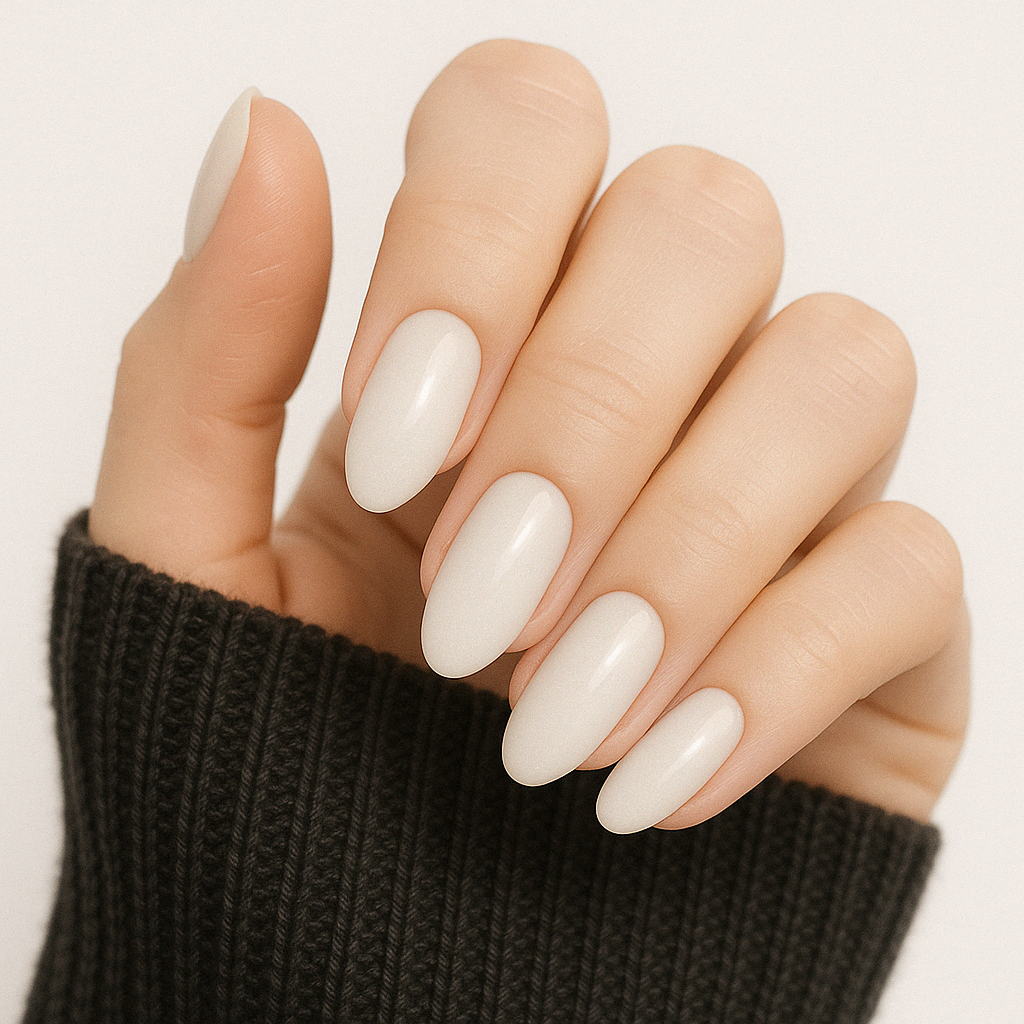 Silk Glow – Semitransparent krämig med fint glitter / glittrigt gellack / gel polish på modellhand – Salongskvalitet UV/LED-nagellack – Mandel-formade naglar