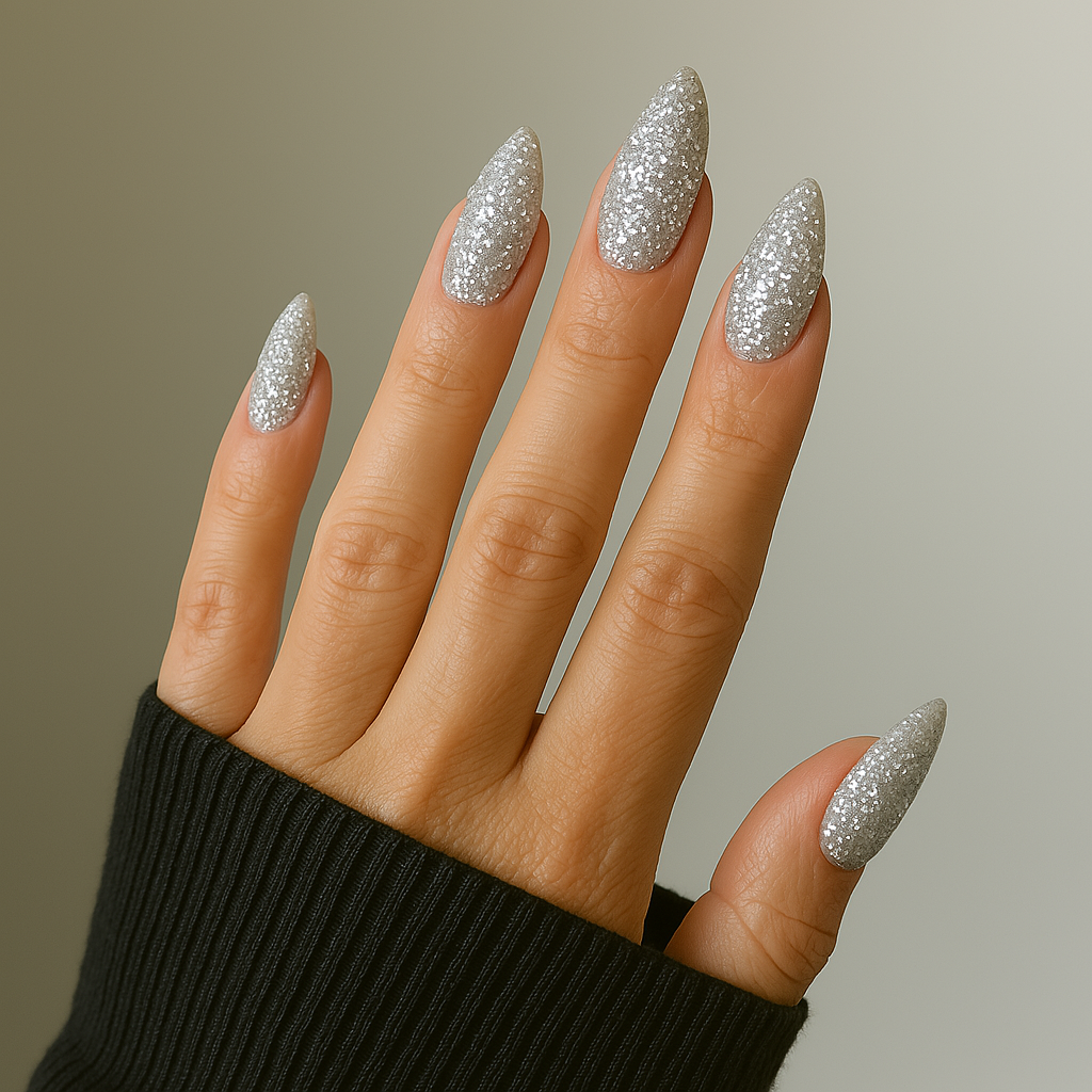 Silver Glitter – Gellack / gel polish med glitter på modellhand – Salongskvalitet UV/LED-nagellack – Mandel-formade naglar

