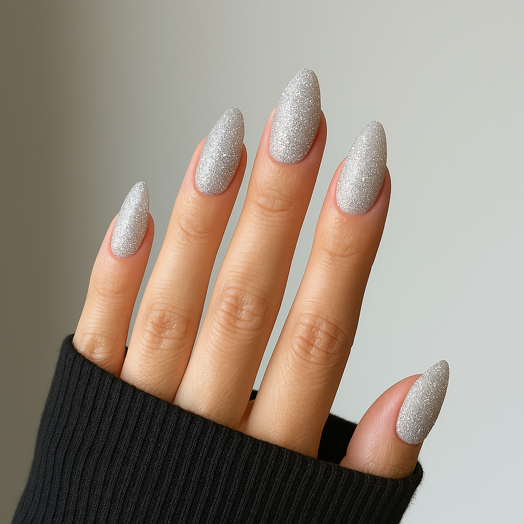 Silver Glitter – Silver / glittrigt gellack / gel polish på modellhand – Salongskvalitet UV/LED-nagellack – Mandel-formade naglar