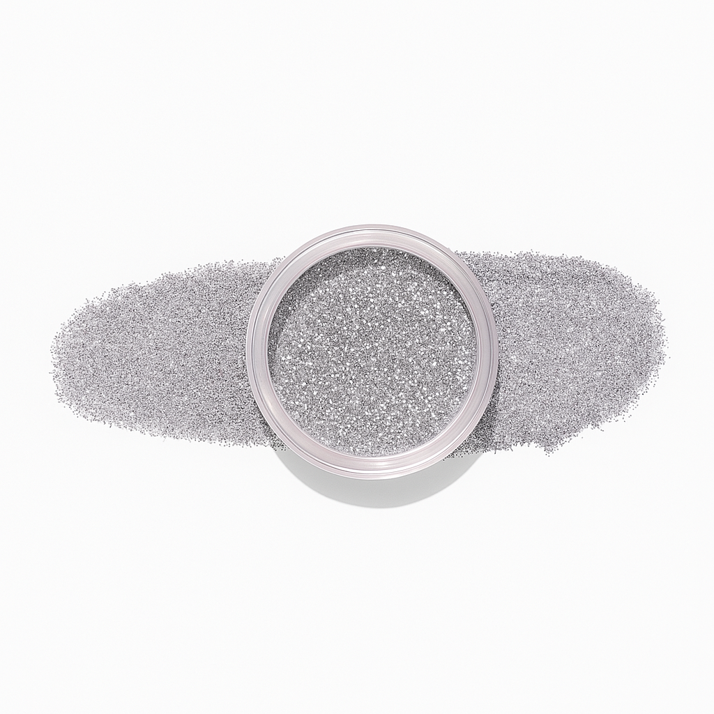 Silver – Ett slående silverglitter prytt med små, lila gnistor som vackert reflekterar ljuset / dipping-pulver-powder-akryl-pulver – Högpigmenterat material för salonger – Nagelfärgvisning (nail swatch)