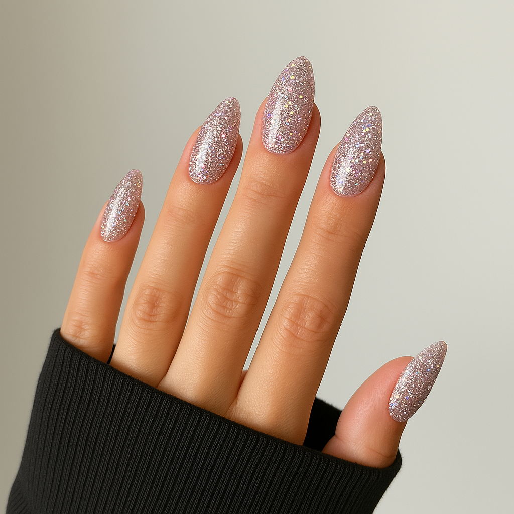 Silvergrå – Silvergrå nyans med holografiskt glitter / polygel på modellhand – Salongskvalitet UV/LED-polygel – Mandel-formade naglar