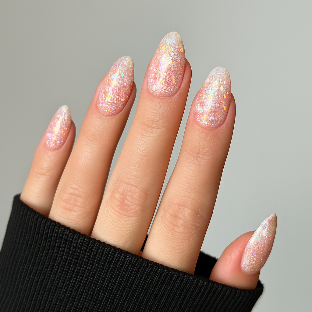 Persikoton – Skimrande persikotonad bas med iriserande glitter i regnbågens färger / polygel på modellhand – Salongskvalitet UV/LED-polygel – Mandel-formade naglar