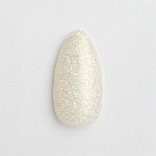 Skimrande vit – Holografiskt glitter som fångar ljuset och reflekterar regnbågens färger / polygel – Högpigmenterat UV/LED-material för salonger – Nagelfärgvisning (nail swatch)