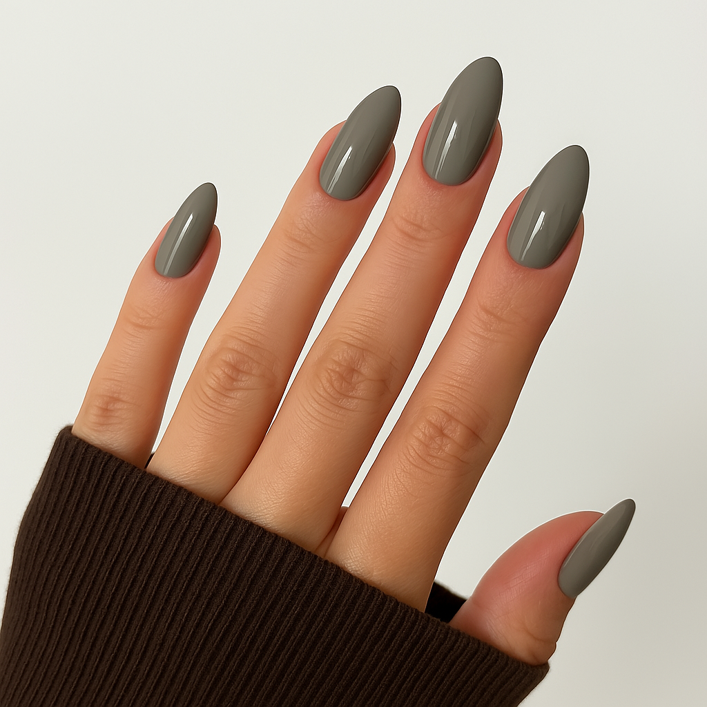 Skiffergrå – Slate – Sval skiffergrå nyans som ger en sofistikerad och tidlös look / dipping-pulver-powder-akryl-pulver på modellhand – Salongskvalitet material – Mandel-formade naglar