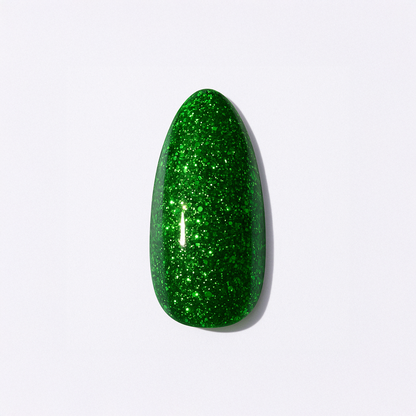 Smaragdgrön – Djup smaragdgrön färg med glitter som fångar ljuset / polygel – Högpigmenterat UV/LED-material för salonger – Nagelfärgvisning (nail swatch)