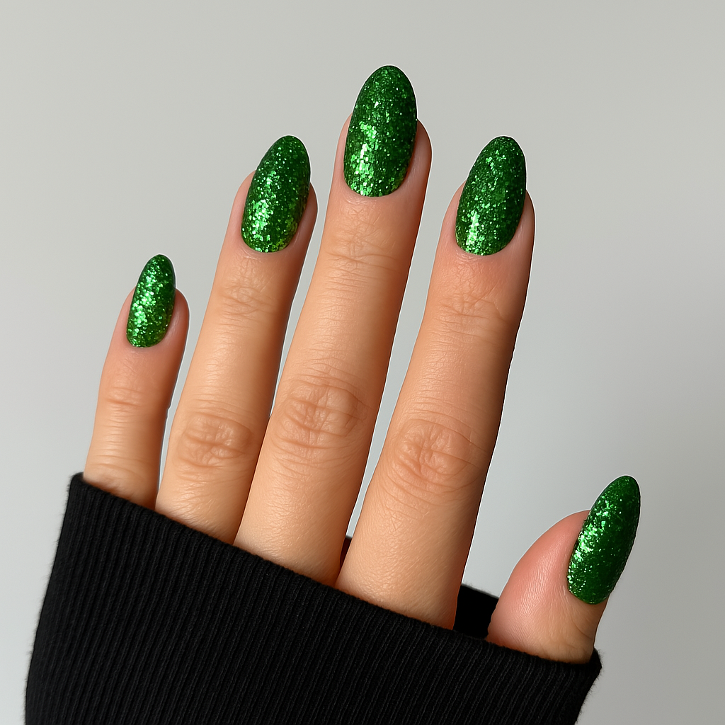 Smaragdgrön – Djup smaragdgrön färg med glitter som fångar ljuset / polygel på modellhand – Salongskvalitet UV/LED-polygel – Mandel-formade naglar