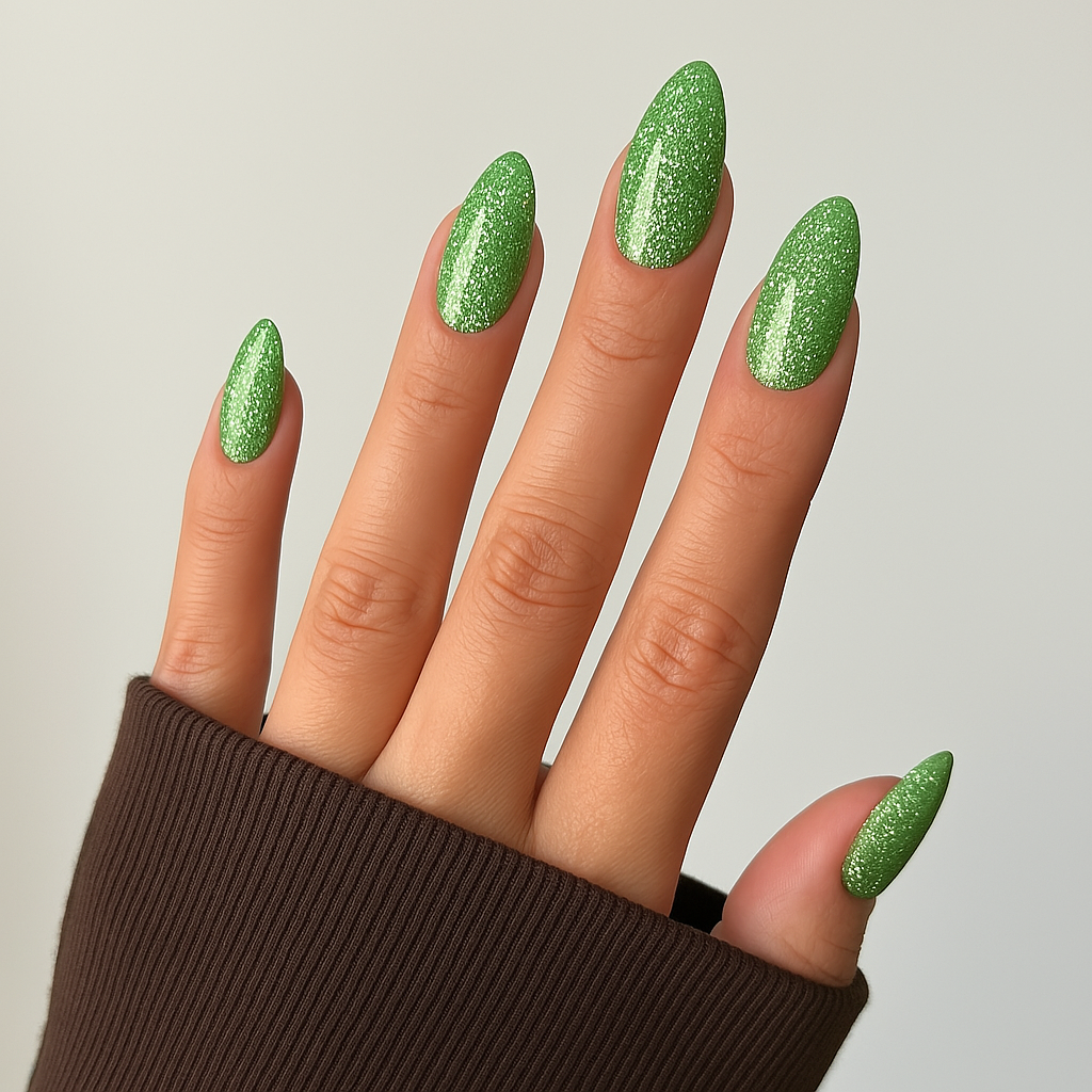Smaragdgrön – Livlig grön nyans med fin glittereffekt / polygel på modellhand – Salongskvalitet UV/LED-polygel – Mandel-formade naglar