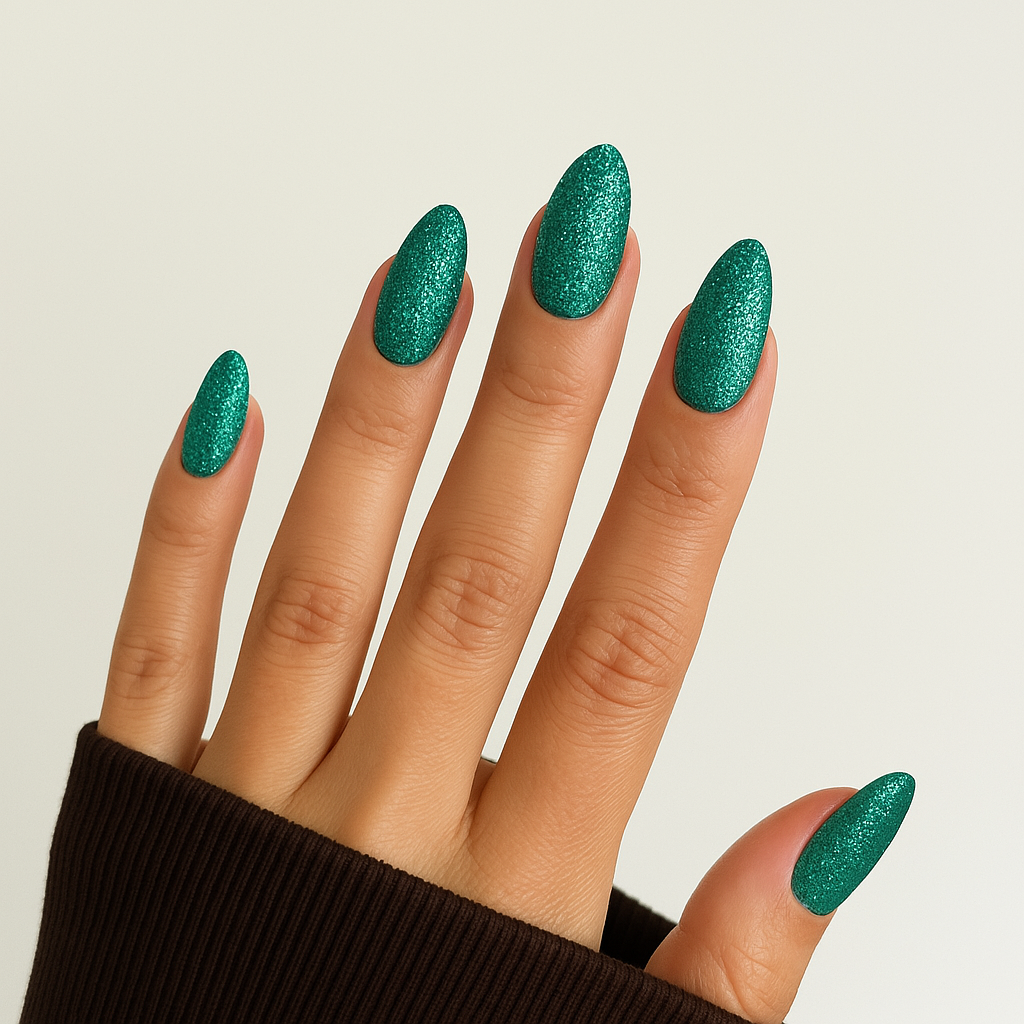 Smaragdgrön – Glittrande smaragdgrön nyans med djup lyster / polygel på modellhand – Salongskvalitet UV/LED-polygel – Mandel-formade naglar